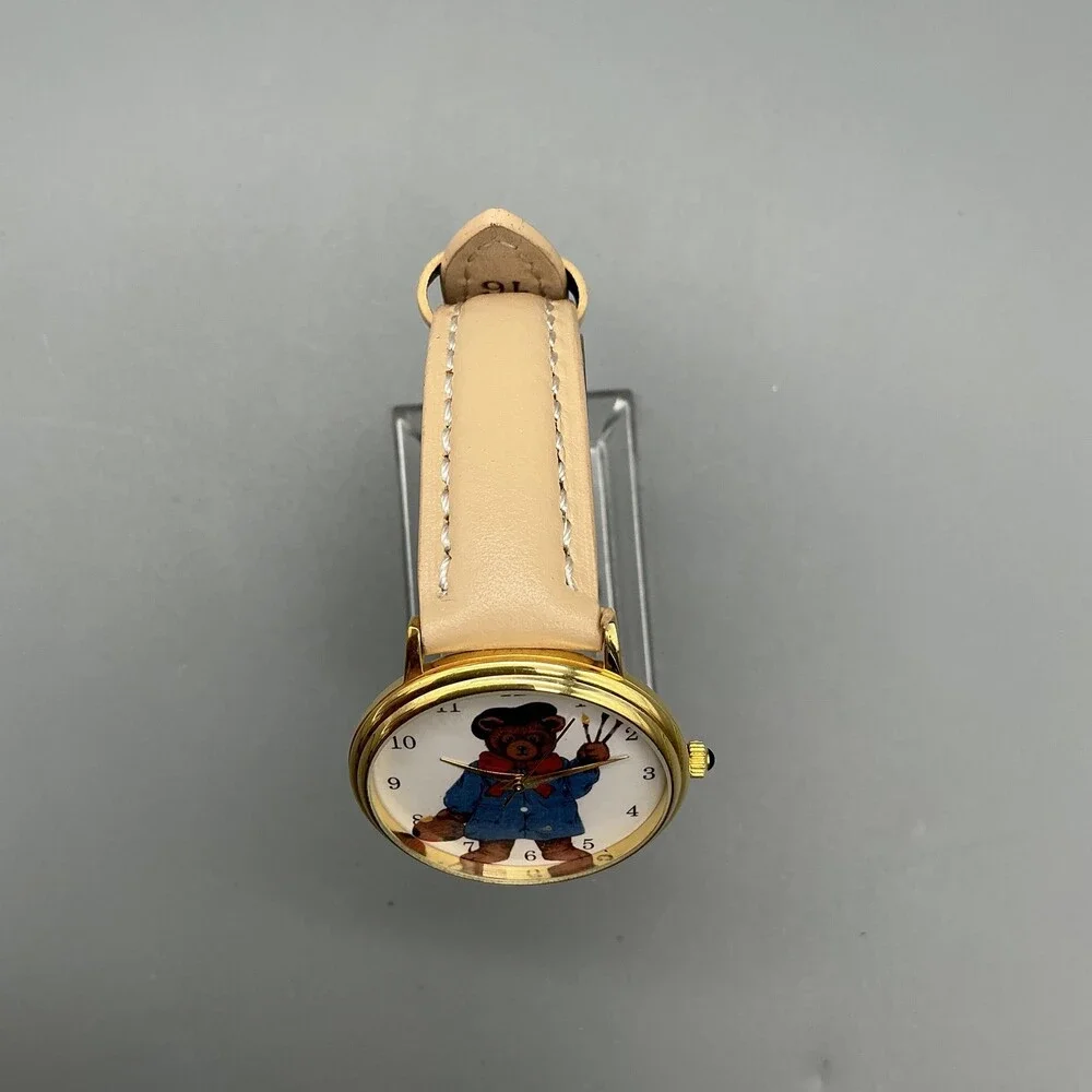 Womens Watch 33mm Brown Bear Dial Gold Tone Beige Leather Strap New Battery